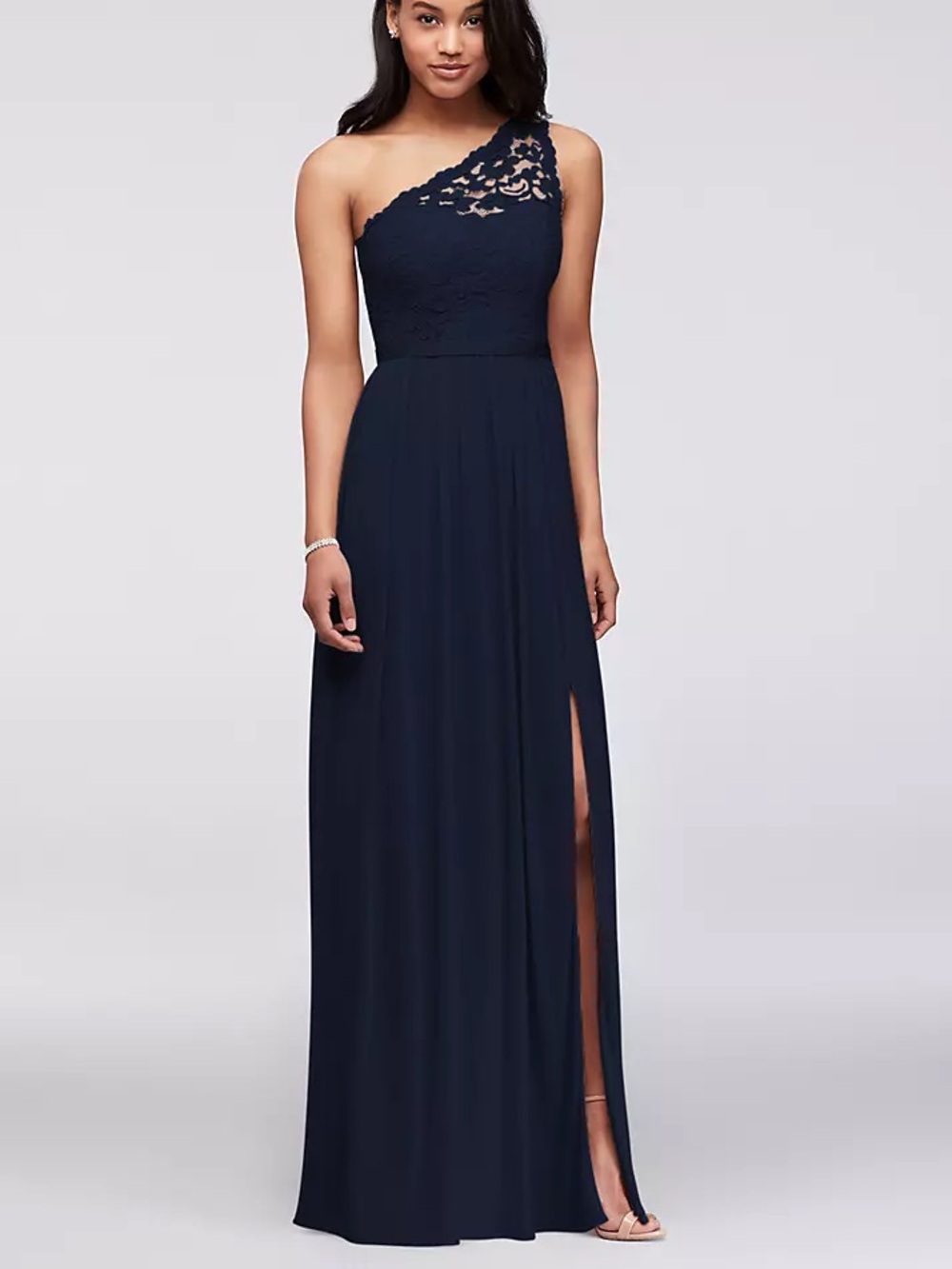 David’s bridal navy one shoulder bridesmaid dress